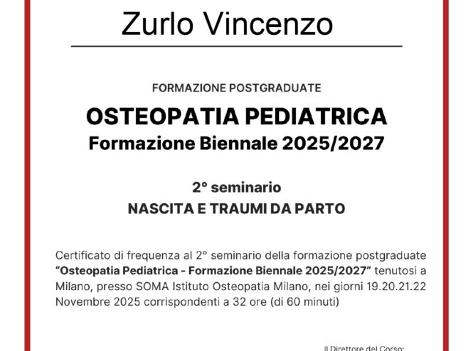 Attestato di partecipazione 2° seminario Osteopatia Pediatrica